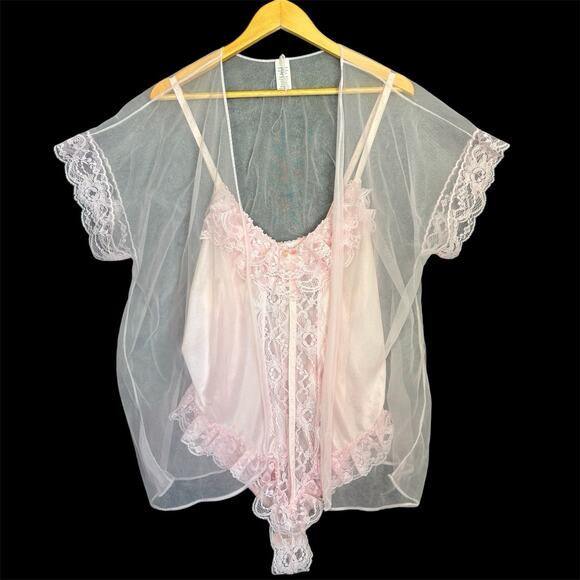 Vintage Lace Teddy Womens 2X Plus Pink Bodysuit Sheer Robe Set Coquette Bridal - Picture 1 of 16